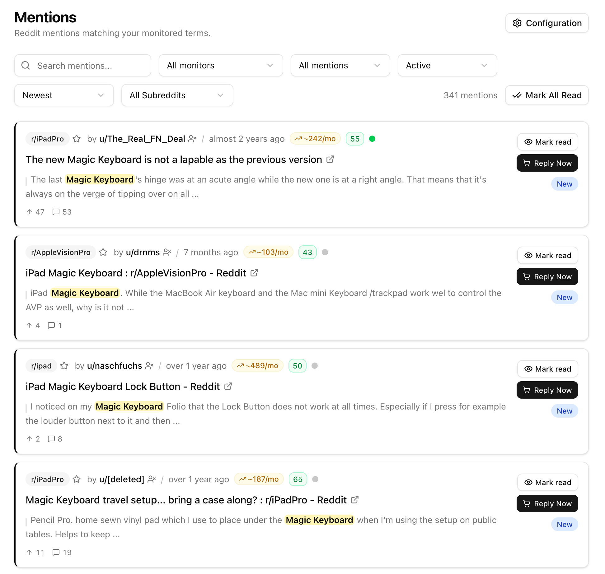 Reddit mentions matching your monitored terms with reply options